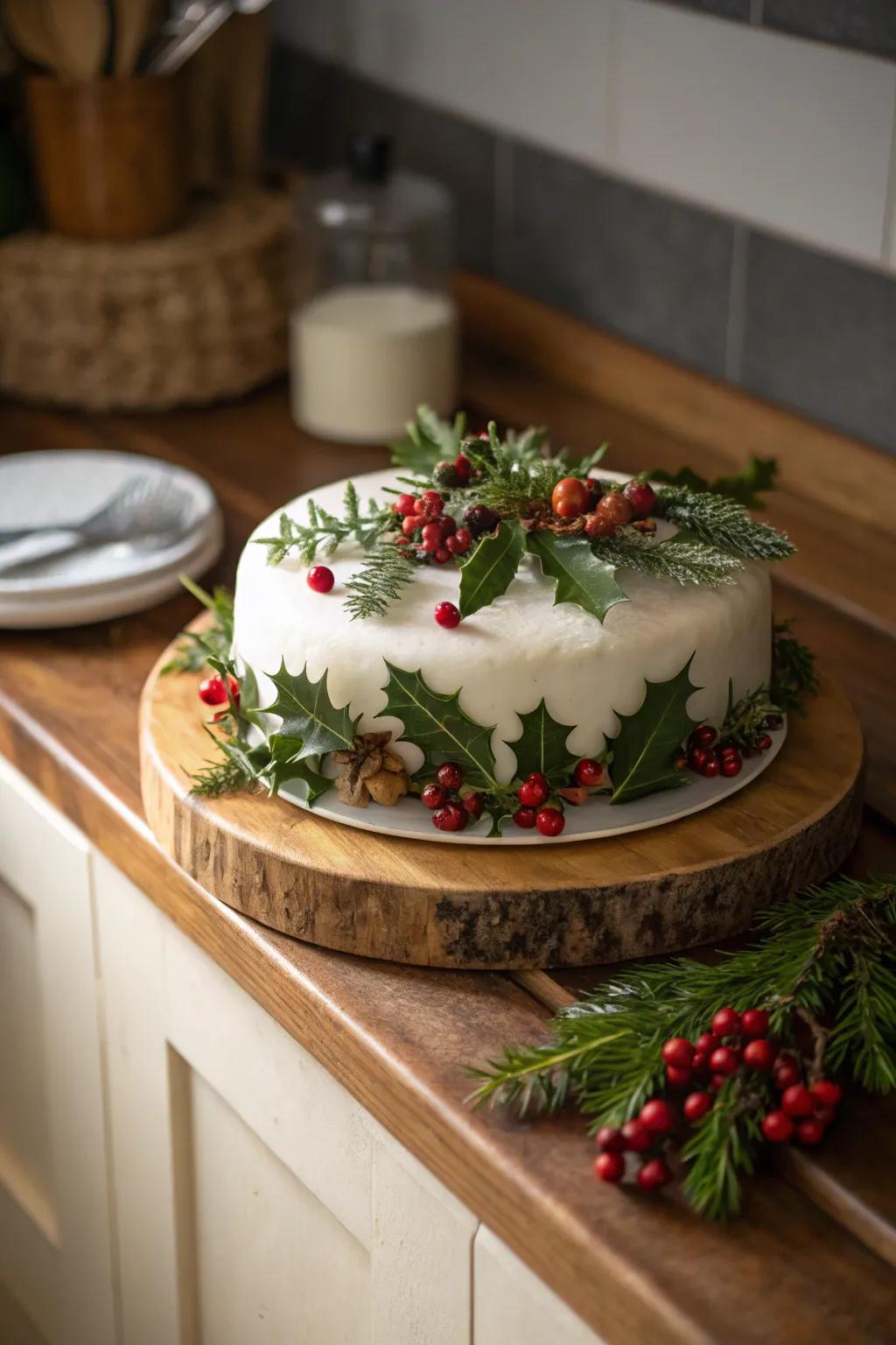 Christmas cake showcasing country-style holly and verdure