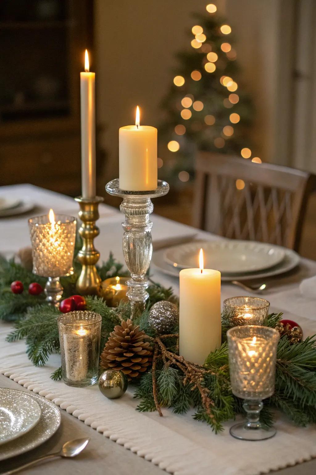A celebratory table display aglow with candles of diverse heights.