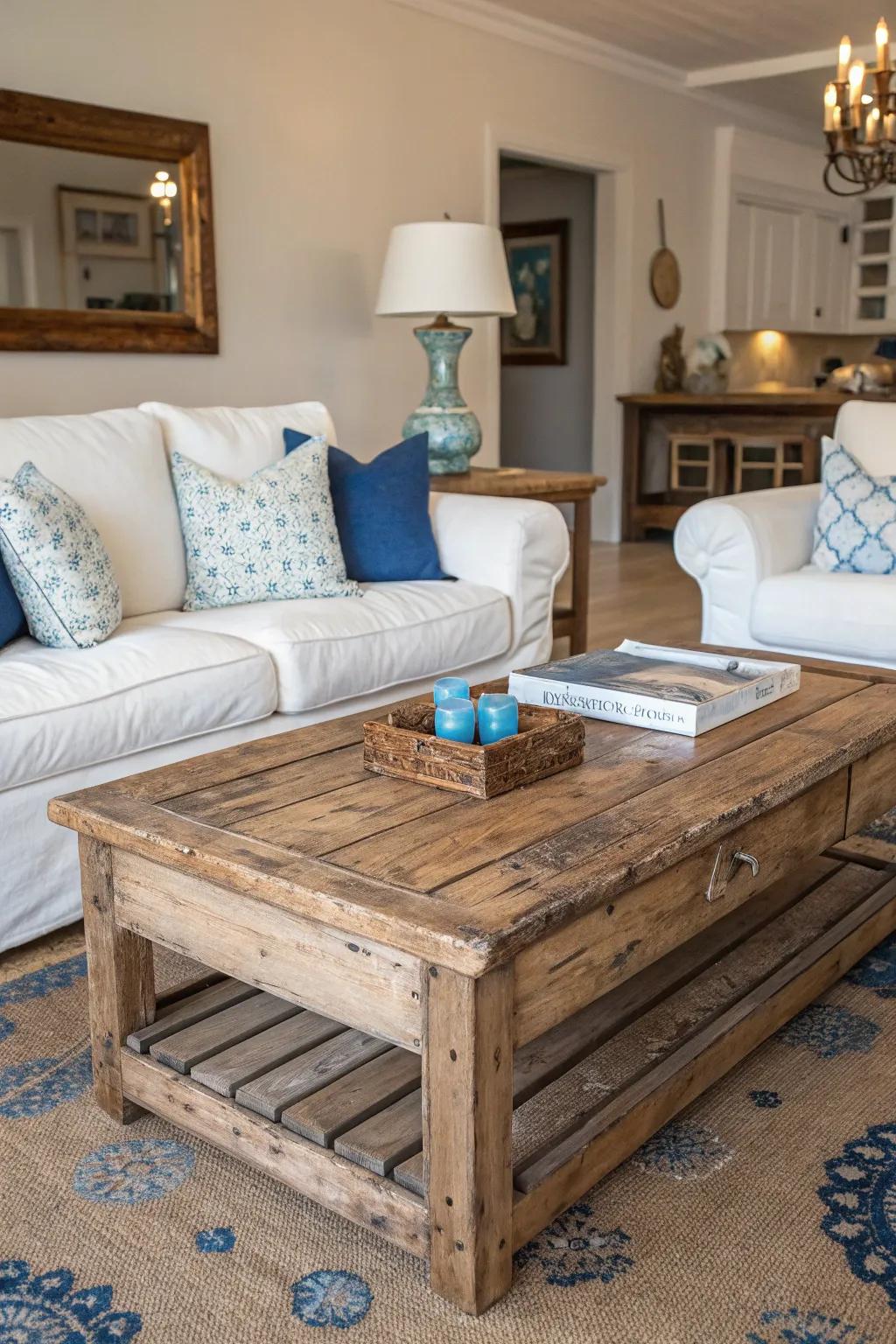 Weathered wood contributes rustic allure to coastal interiors.
