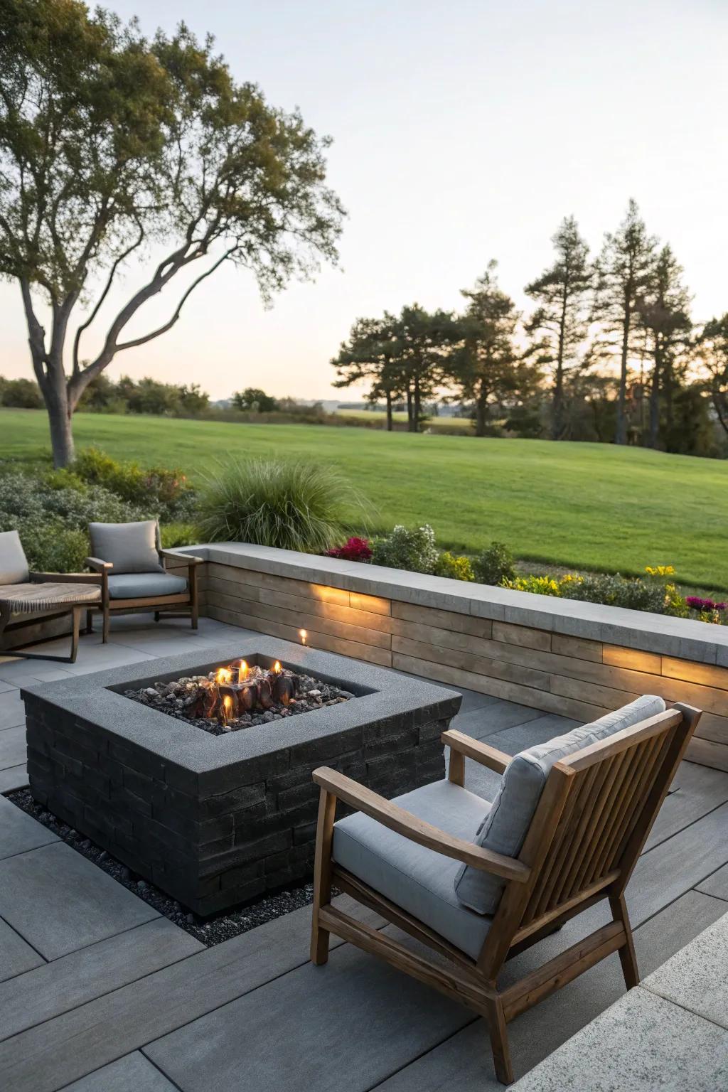 A fire pit produces a central focus area for nighttime get-togethers.
