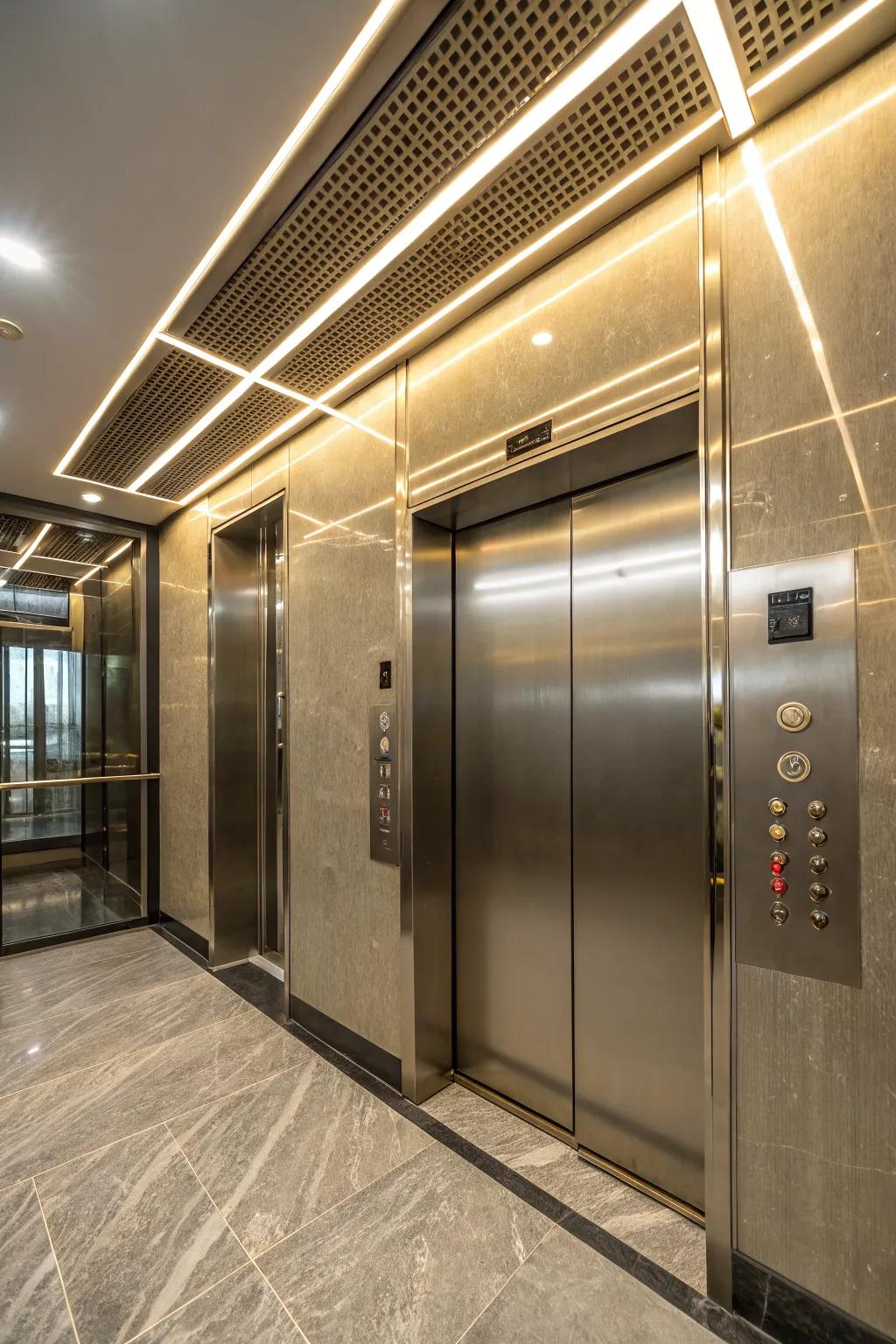 An elevator interior showcases LED strip lighting, which establishes a contemporary and inviting mood.