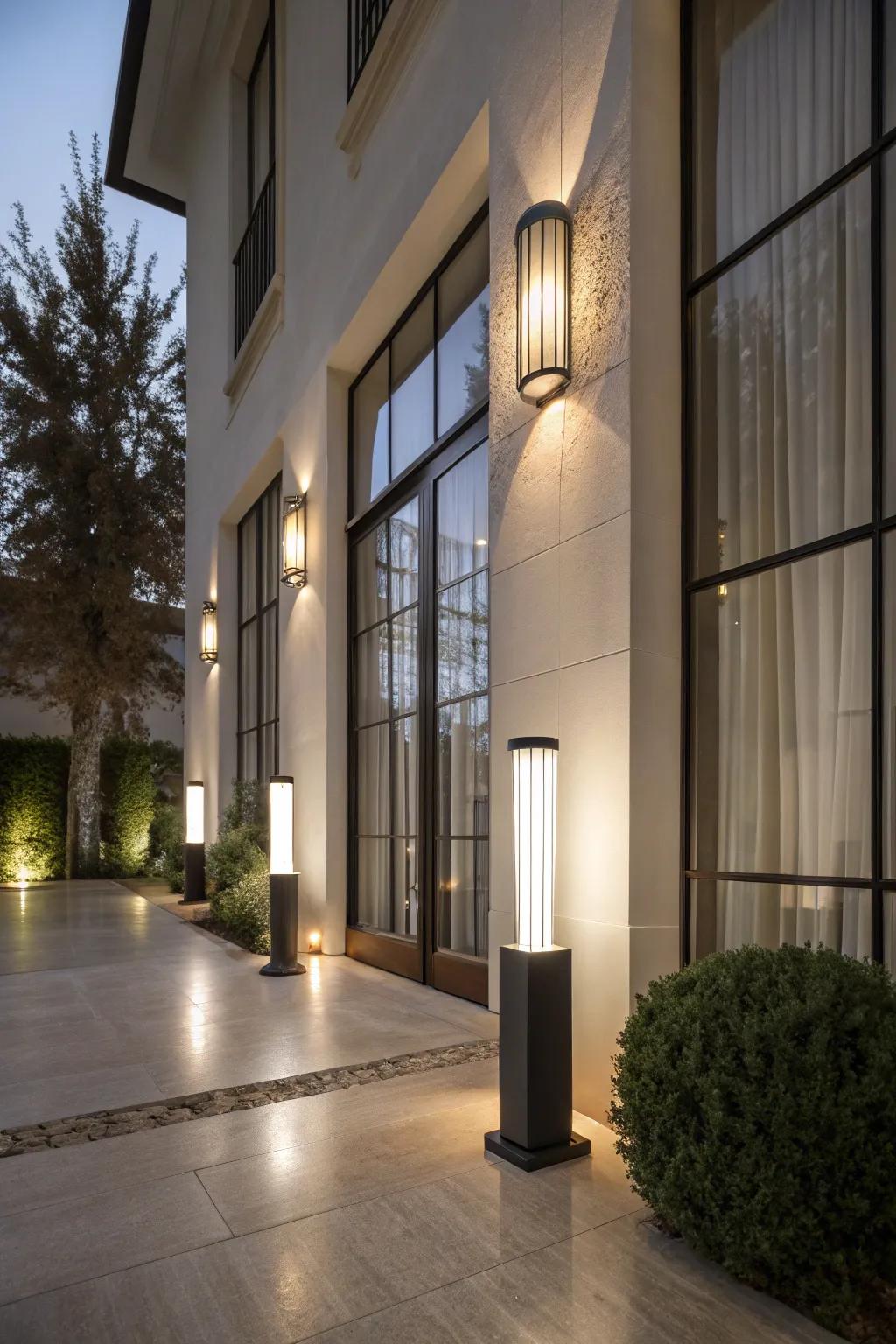 Creative lighting enriches the entryway’s charm and clarity.