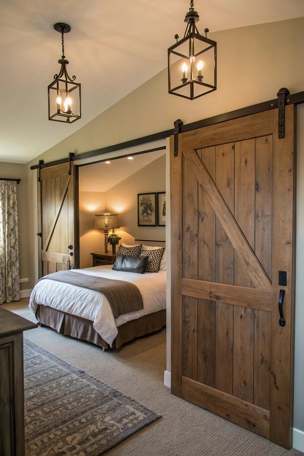 Countryside style decor aspects such as barn doors introduce countryside sophistication.