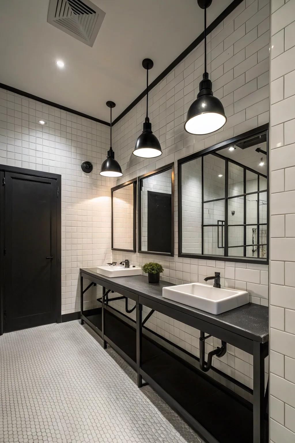 Bold black industrial lighting fixtures illuminate a modern farmhouse powder room.