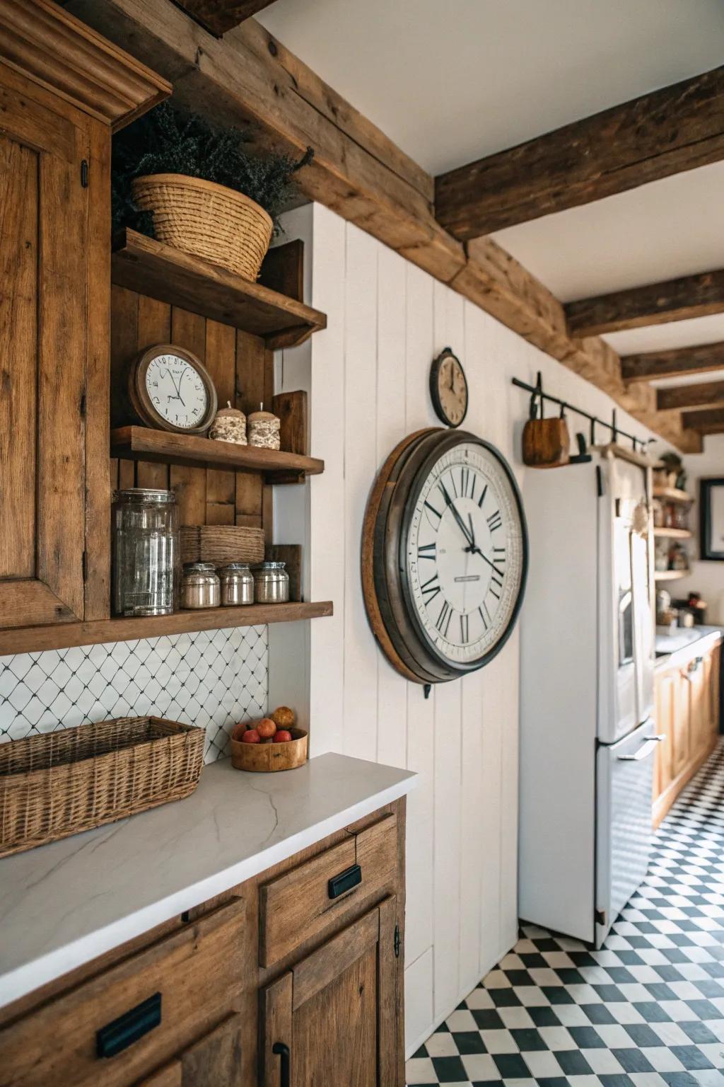 Time-honored clock on a modern farmhouse kitchen wall.