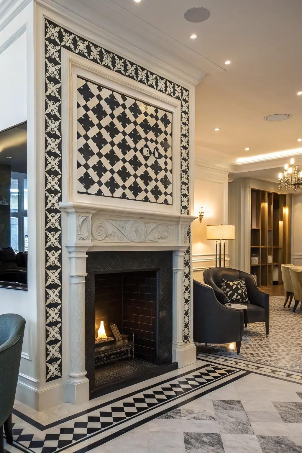 Contrasting dark and light stone fireplace.