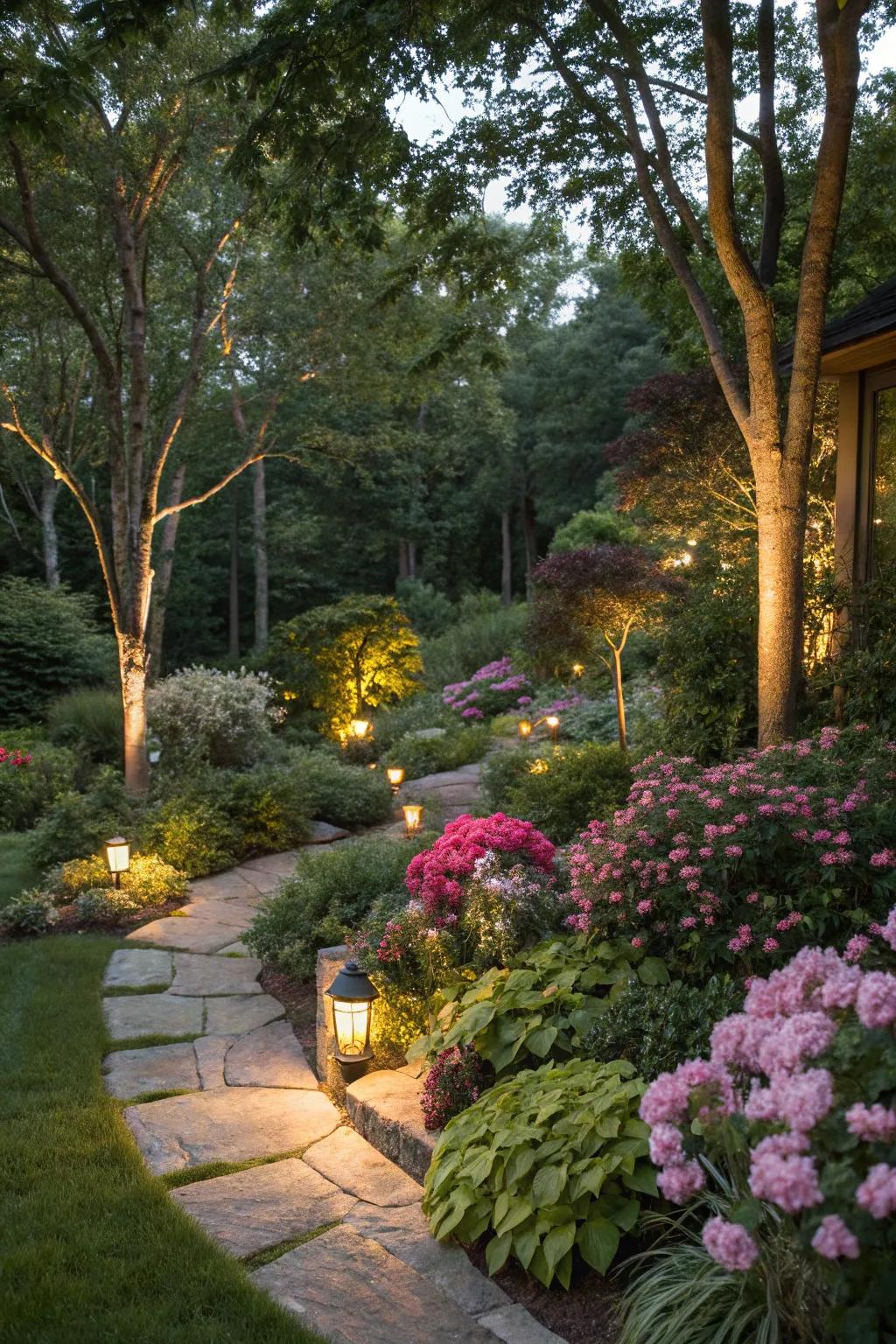 Integrated lighting casts a magical and welcoming glow across the garden.