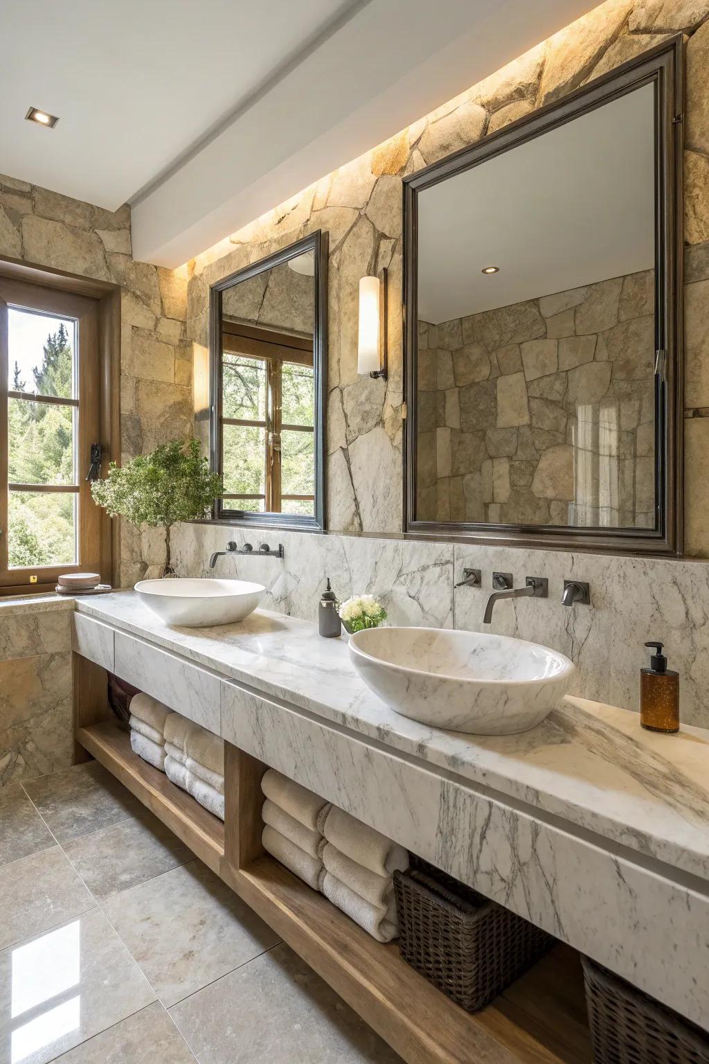 Natural elements such as stone and marble infuse sophistication and warmth.