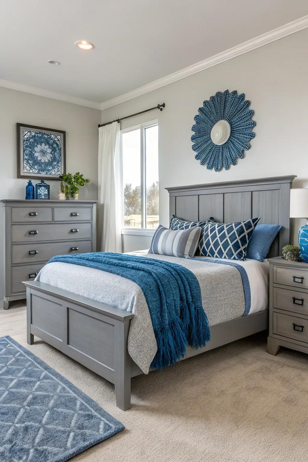 Contemporary grey furnishings paired with azure features create an invigorated, modern bedroom.