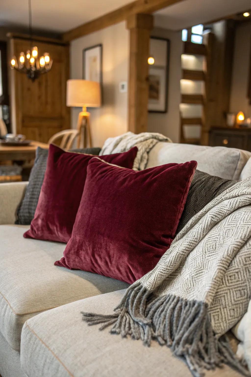 A living room arrangement featuring velvet burgundy pillows and a woolen grey throw.