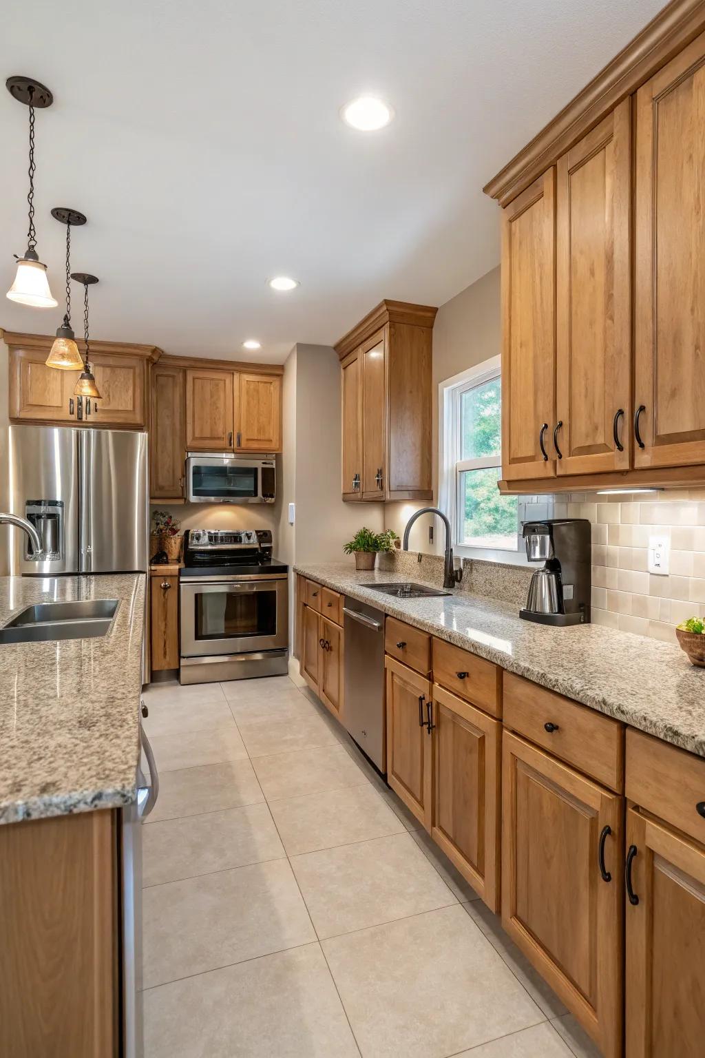A fusion of components creates a rich texture in a walnut culinary space.