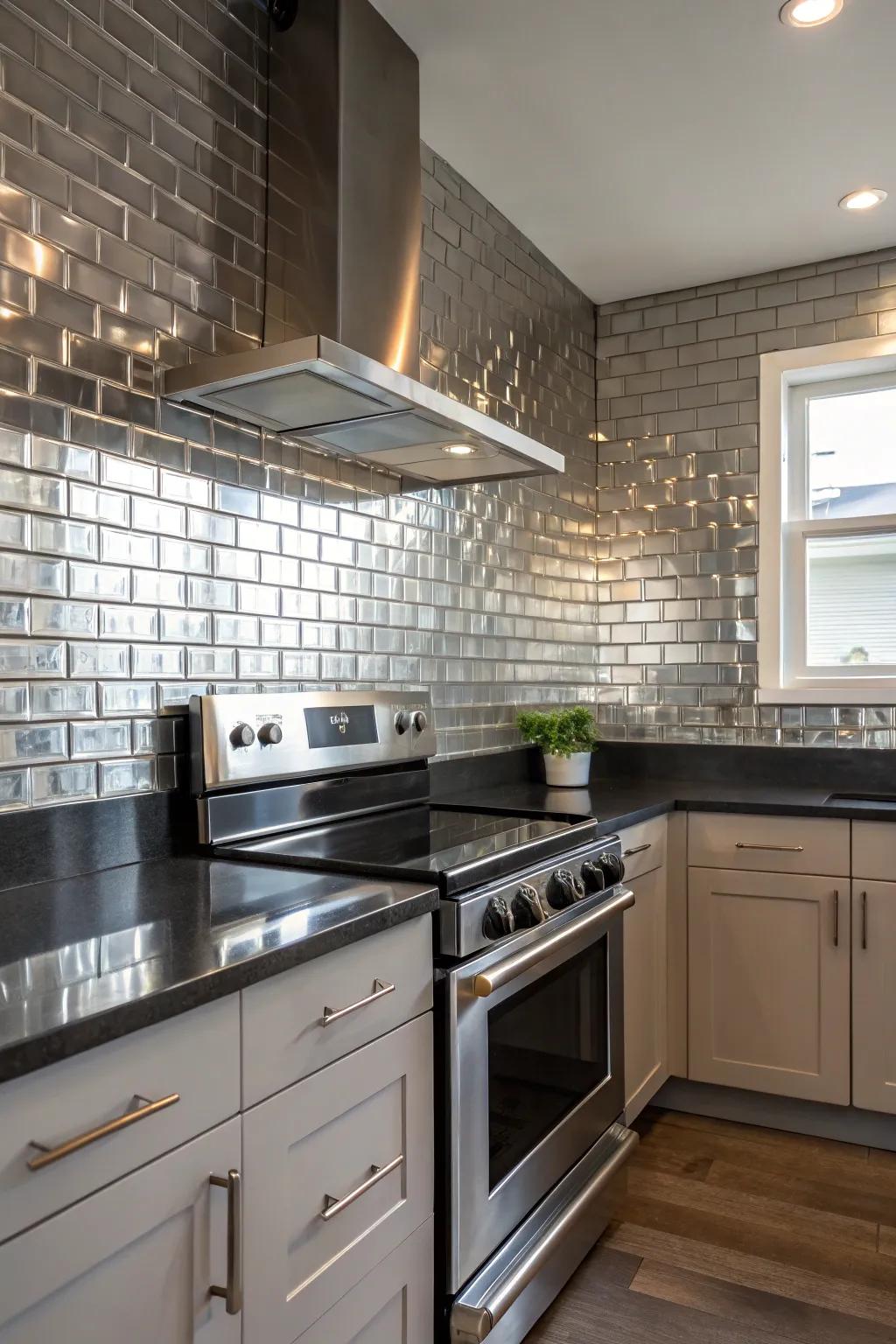 Metallic tiles bring a polished and opulent vibe.