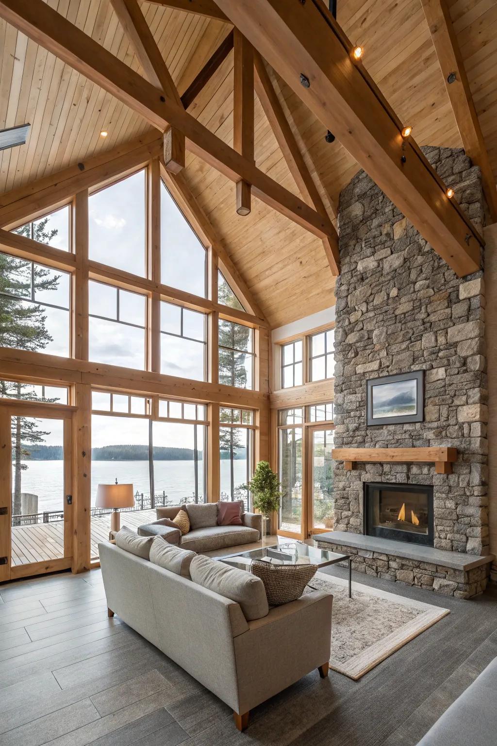 Natural materials contribute warmth and texture to your contemporary lake house.