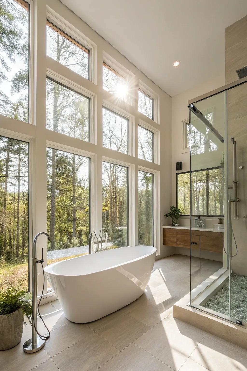Unadulterated illumination accentuates the spacious sensation within this bathroom.