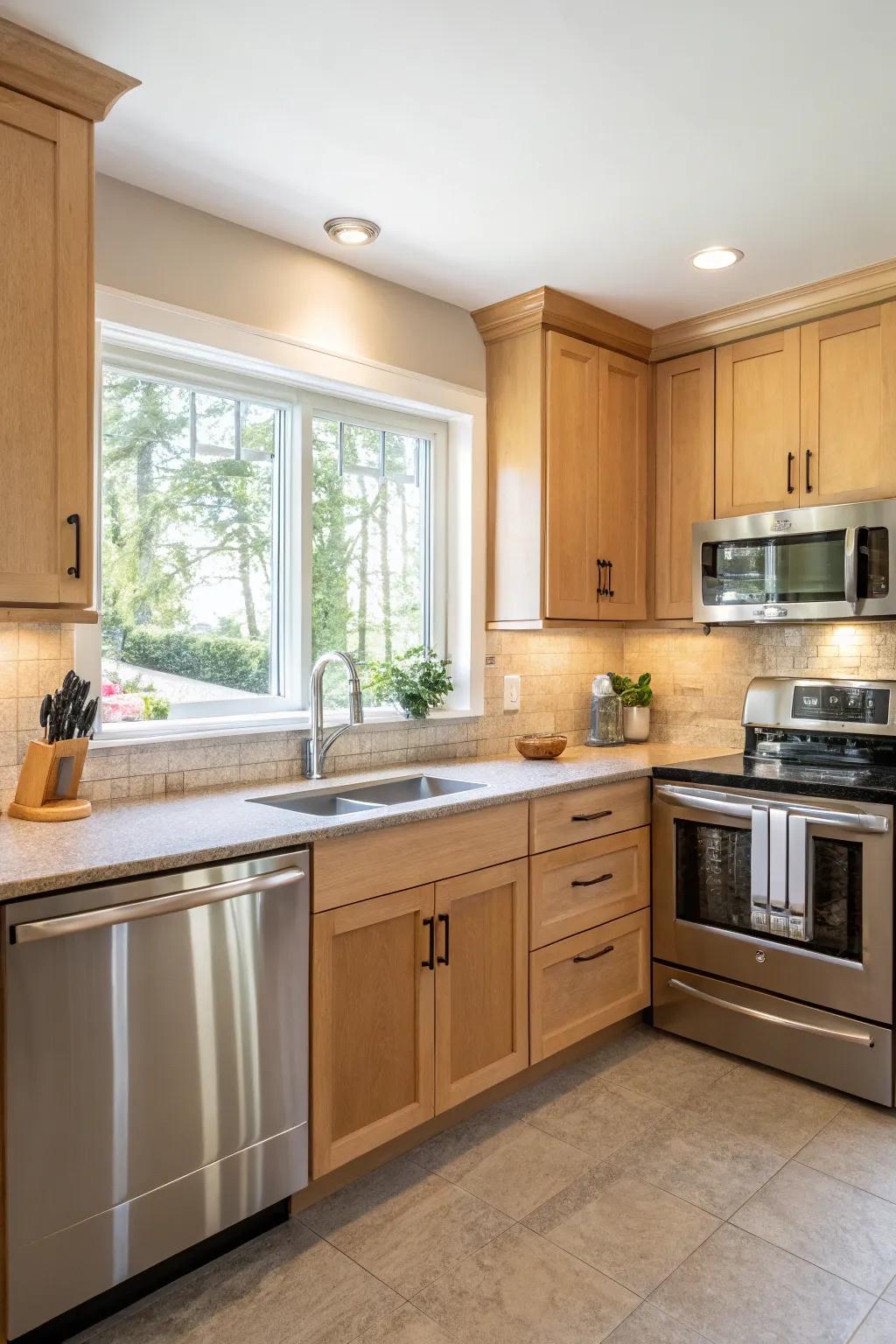 Stainless steel appliances coordinate beautifully with pale maple cabinets for a polished appearance.