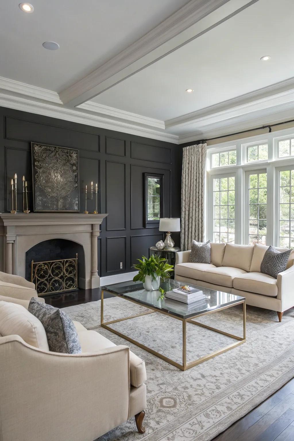 Deep gray walls provide a sophisticated backdrop for this fashionable living area.