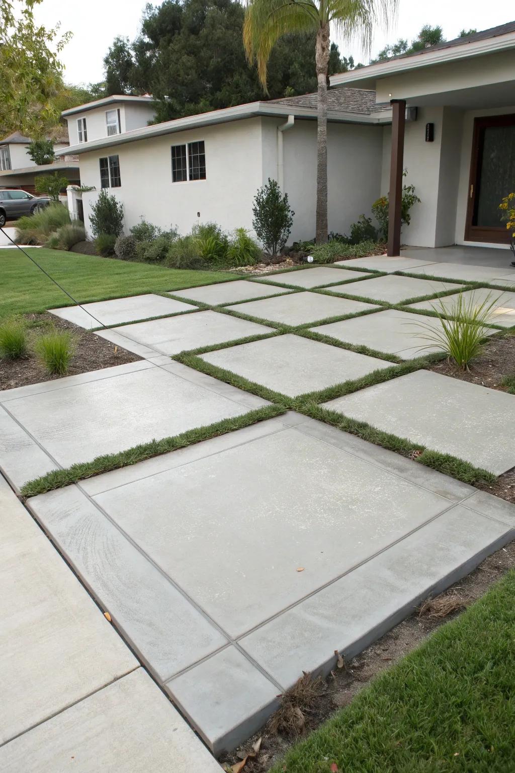 Expansive concrete pieces defining areas in a modern front yard.