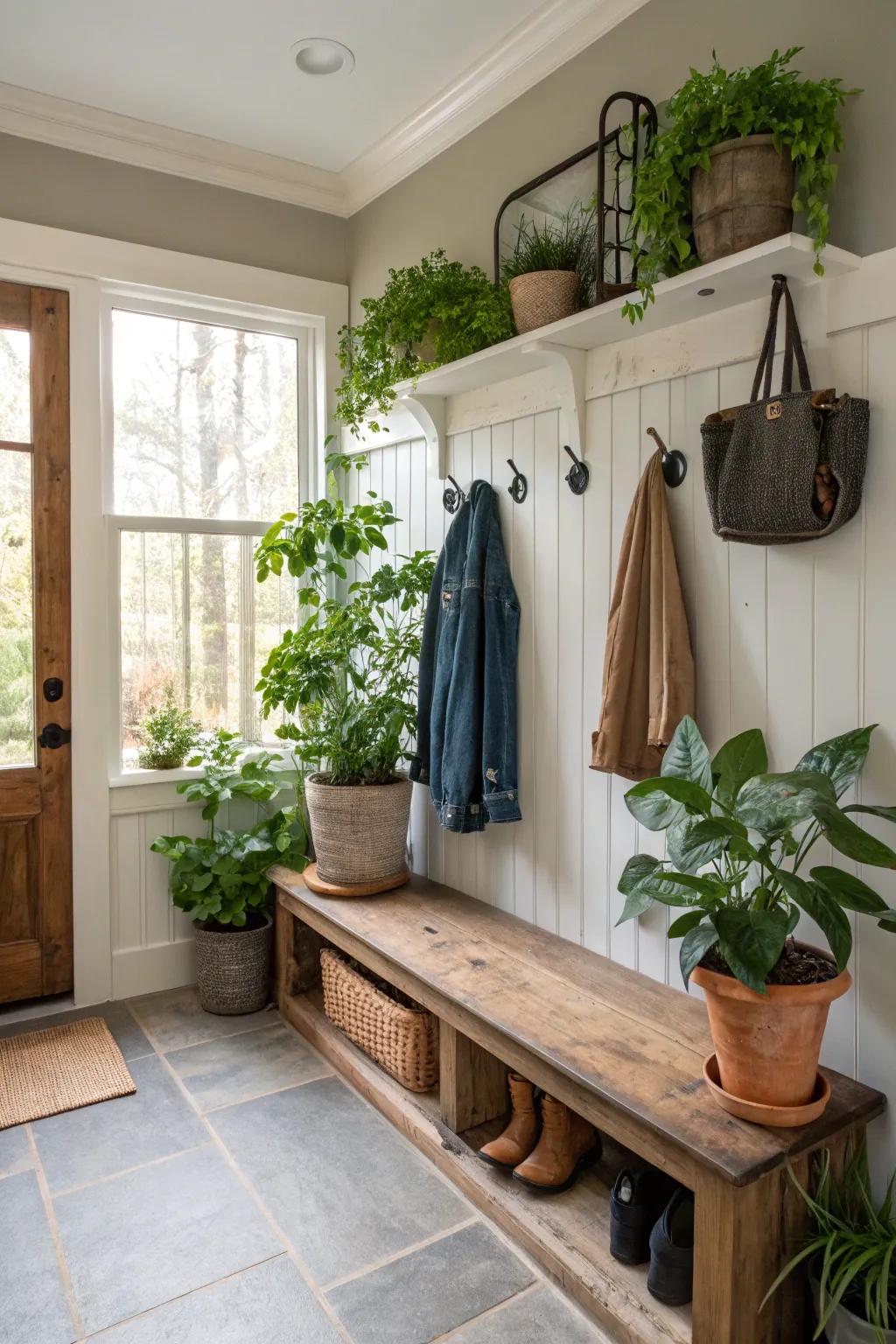 Abundant foliage infuses vitality and vibrancy into your mudroom.