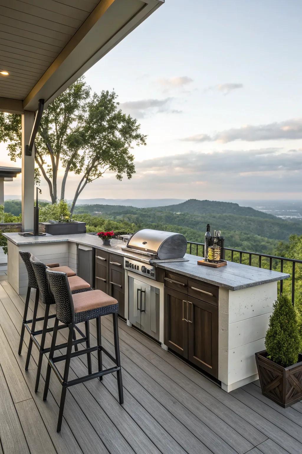An exterior cooking area that unites functionality with picturesque views.