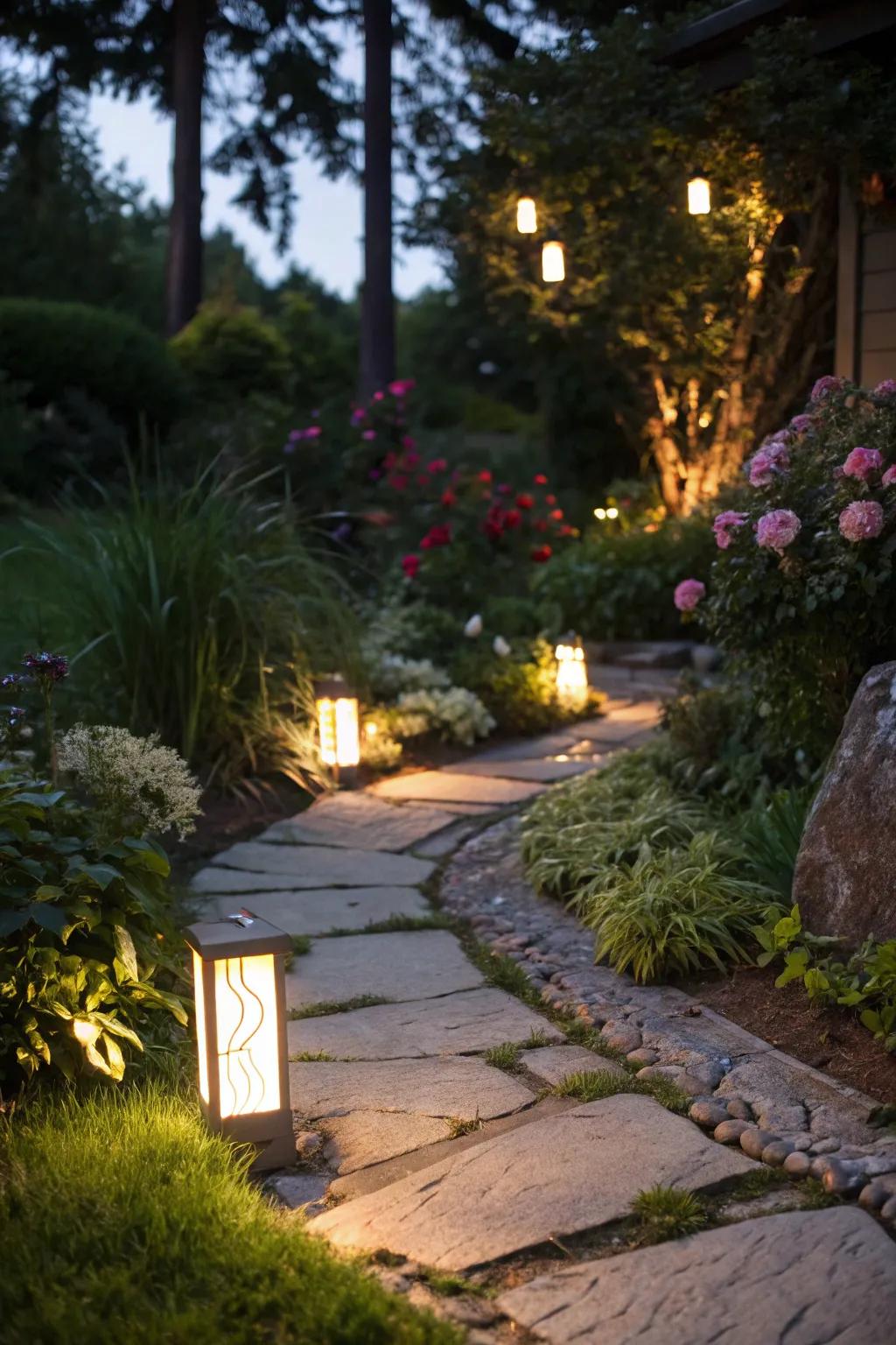 A garden walkway gracefully lit with ambient lighting for nighttime enchantment.