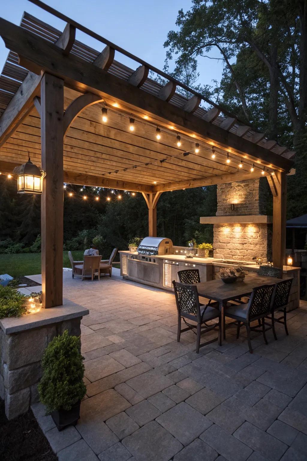 Pergola featuring integrated lighting, casting a warm evening radiance.