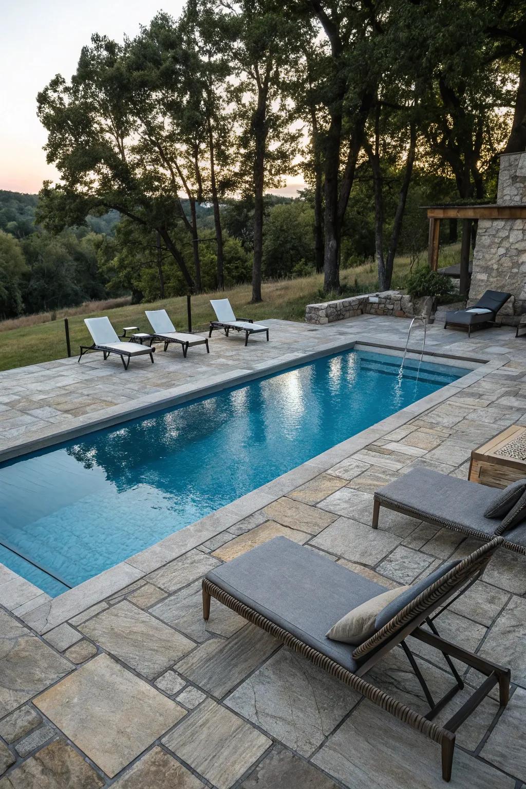 Contemporary decking amplifies the pool's flair.