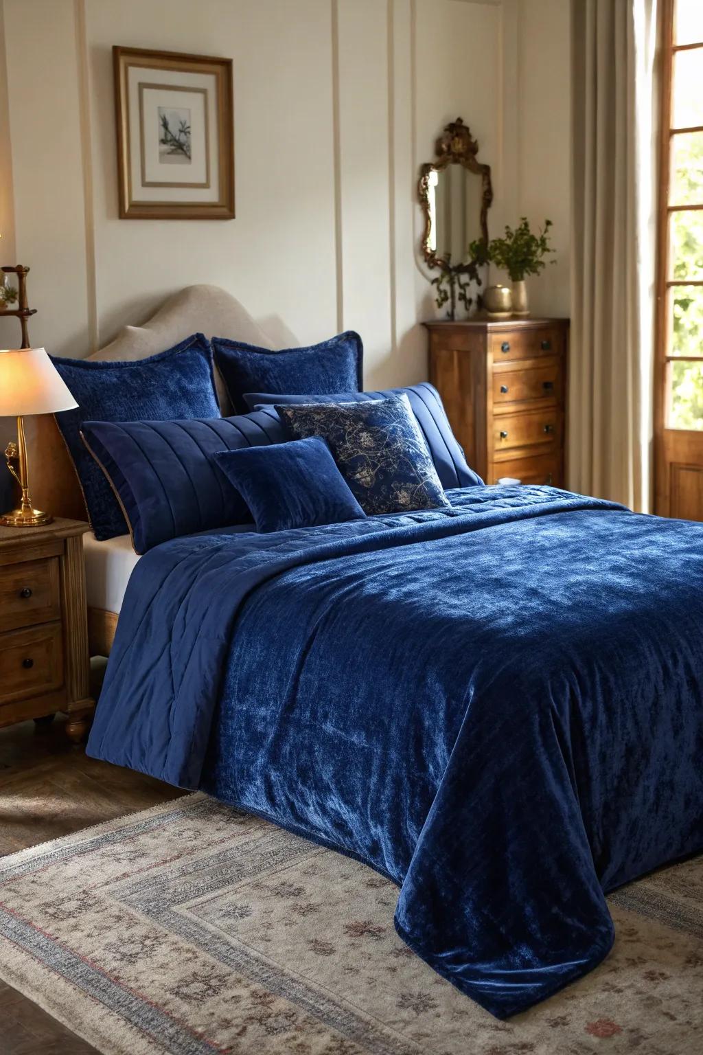 Sapphire blue velvet bedding introduces a hint of luxury and comfort.