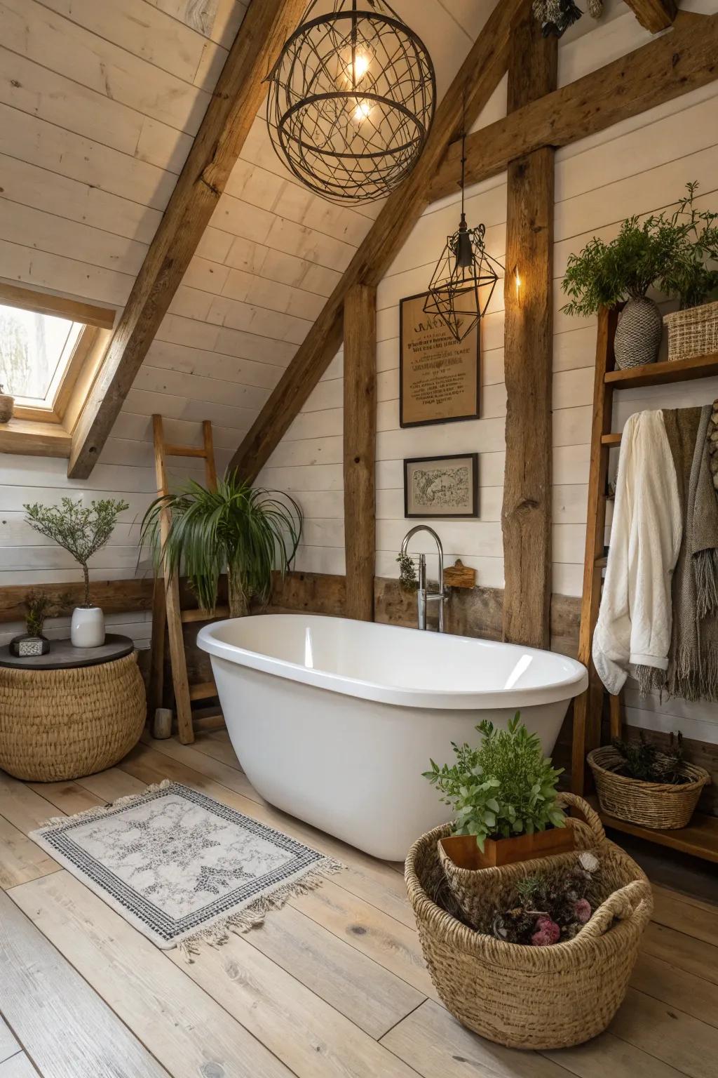 A detached soaking tub functioning as an elegant point of interest in a rustic bathroom.