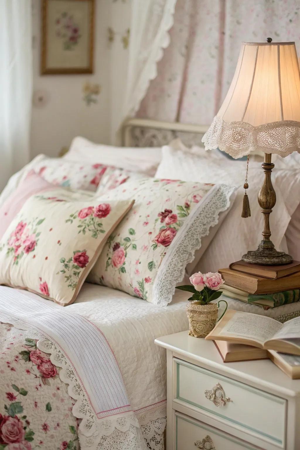 Discreet botanical designs impart a gentle refinement to this shabby chic bedroom.