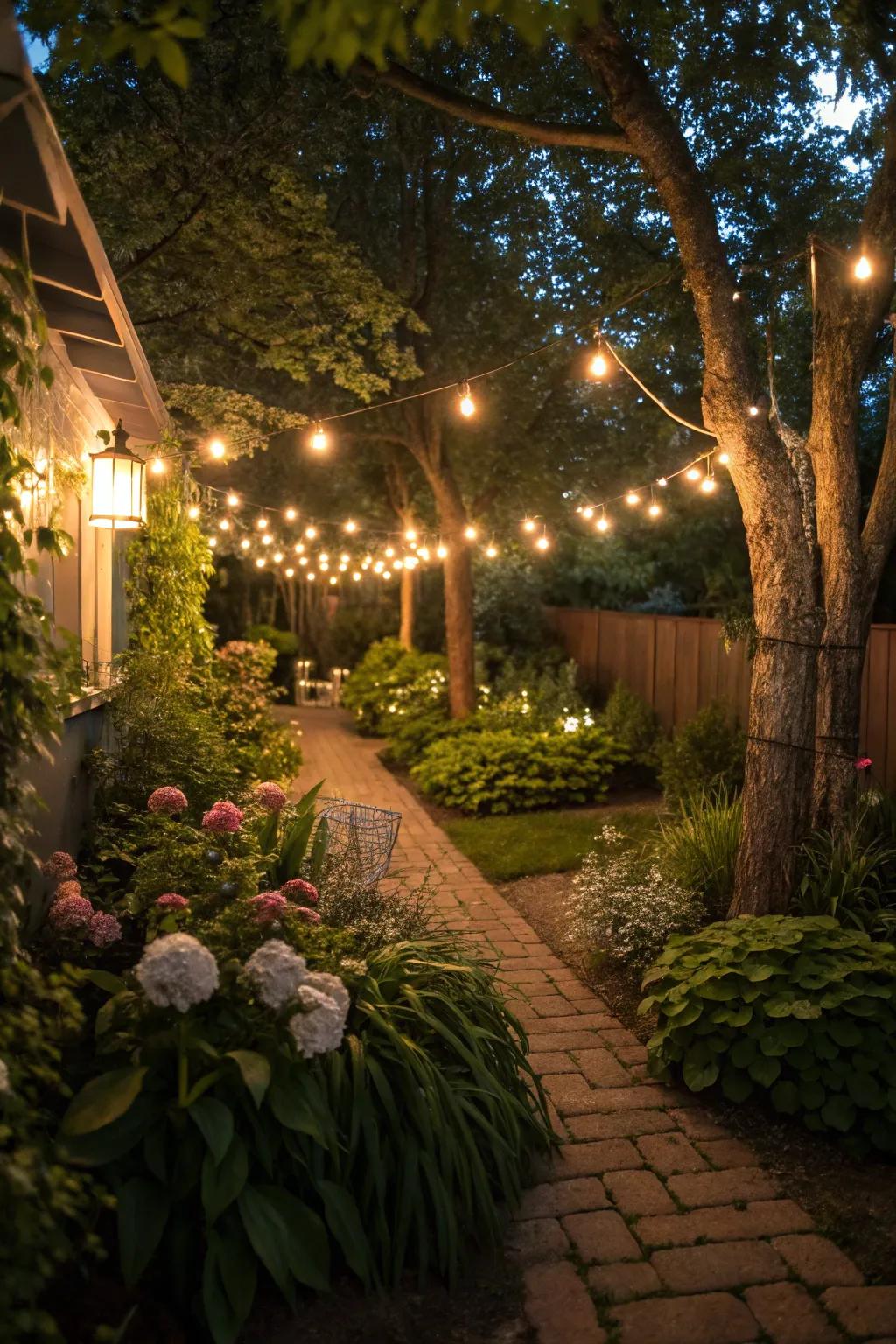 Strategic lighting enhancing the ambiance of a small garden.