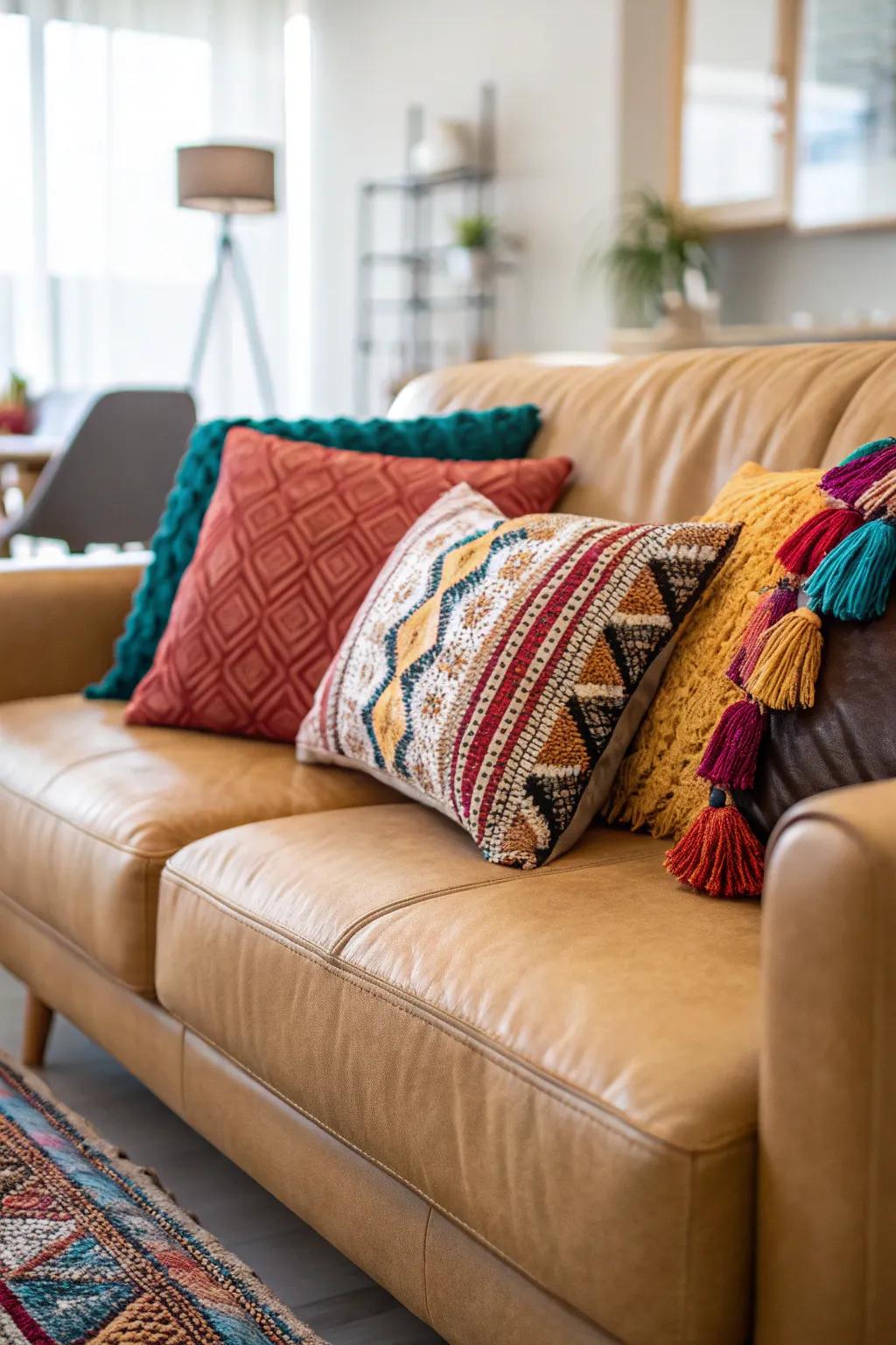 Vibrant decorative cushions breathe vitality into a tawny hide couch.