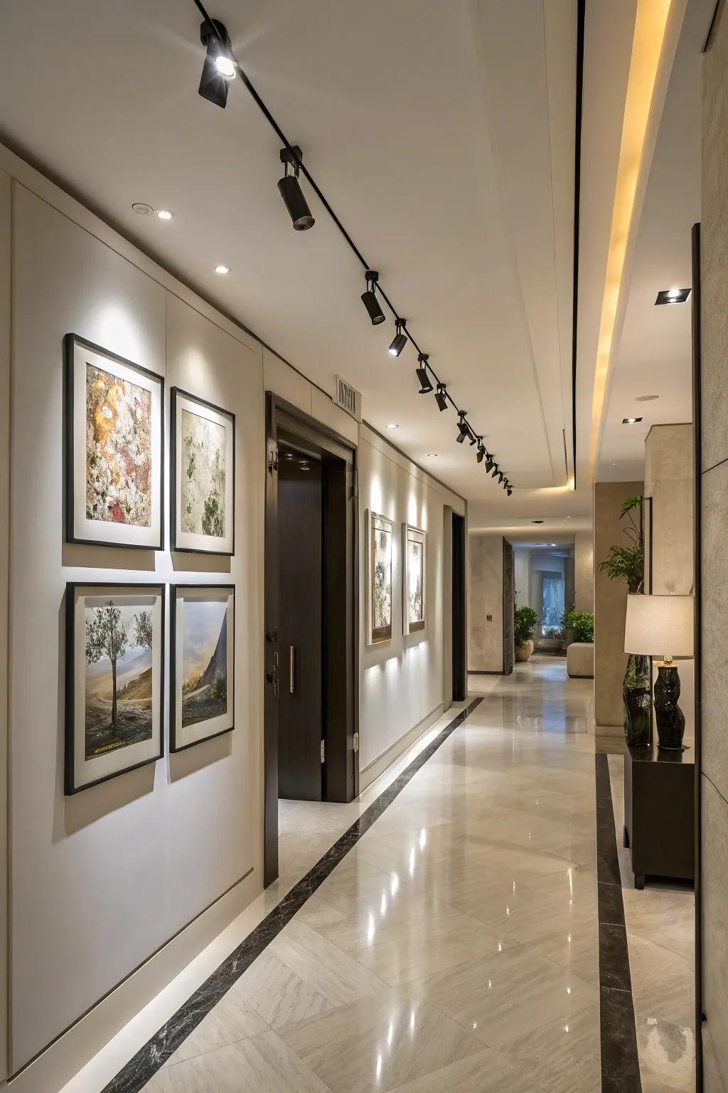 Customizable rail lighting emphasizing art in a contemporary corridor.