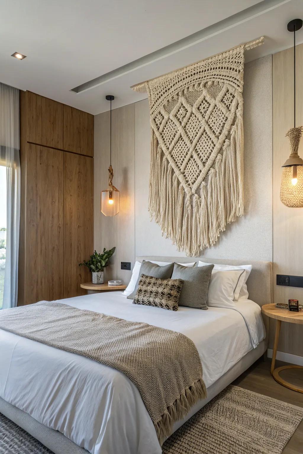 A textured wall piece adding aesthetic appeal to a modern bedroom.