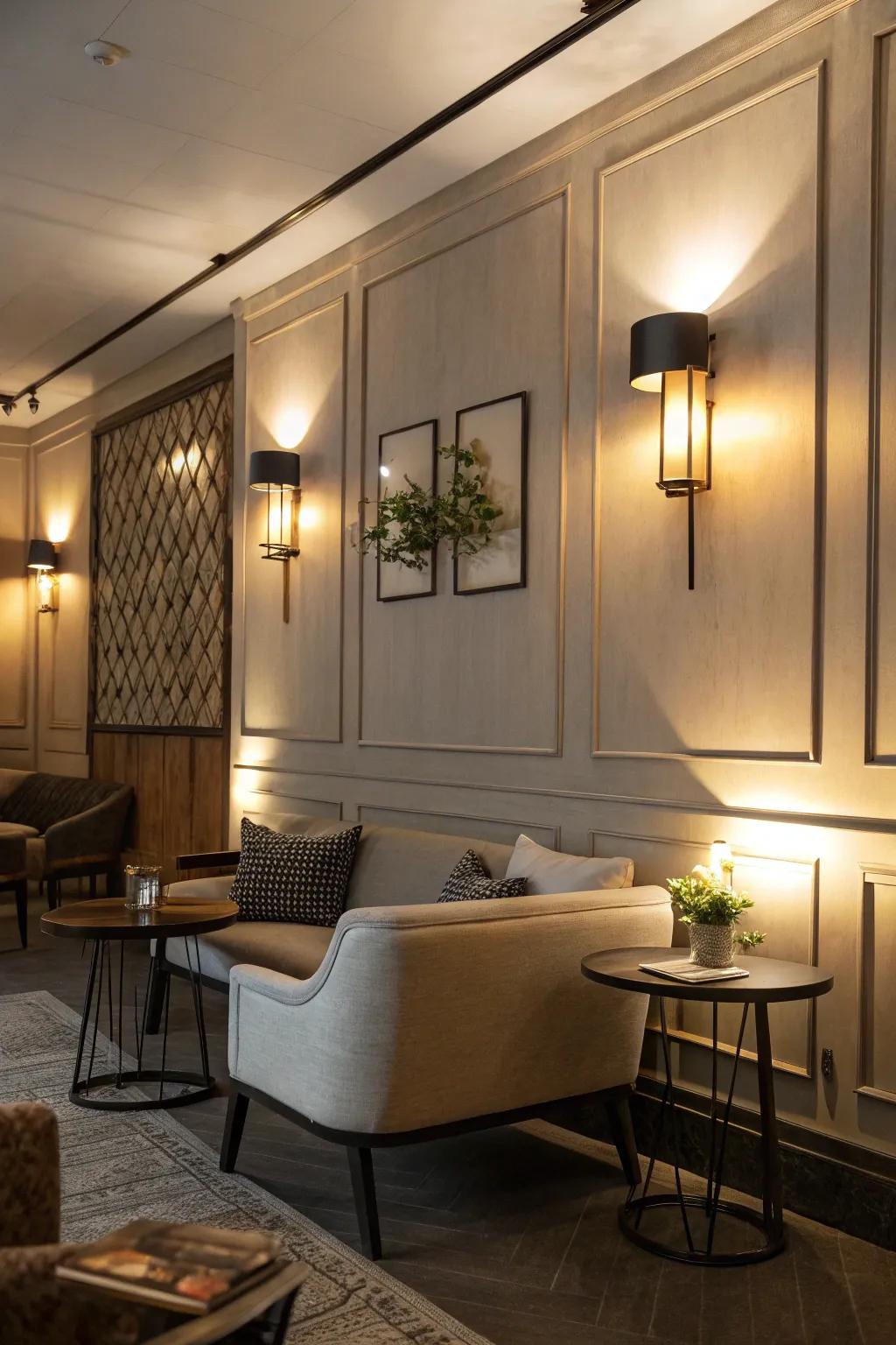 Upward-facing lamps generate a warm and inviting environment.