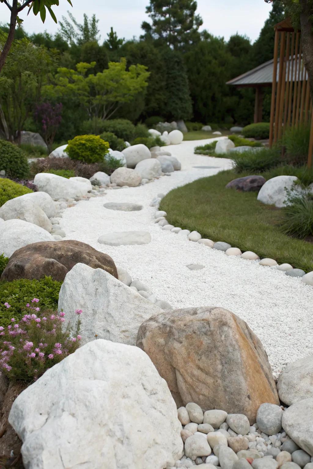 A garden showcasing sizable focal boulders nestled among pale stones, forging a textured scenery.