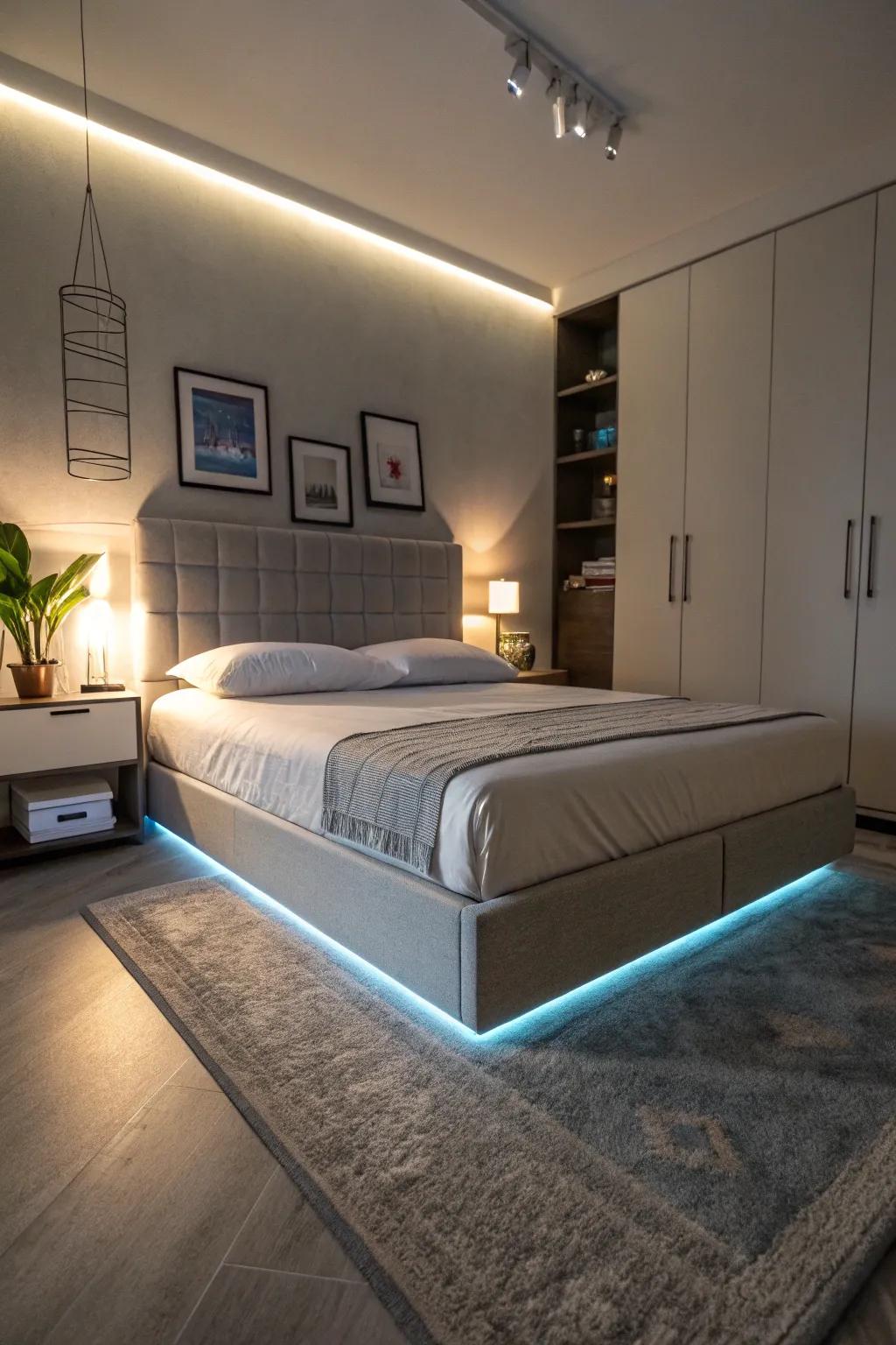 Contemporary elegance with under-bed diode illumination.