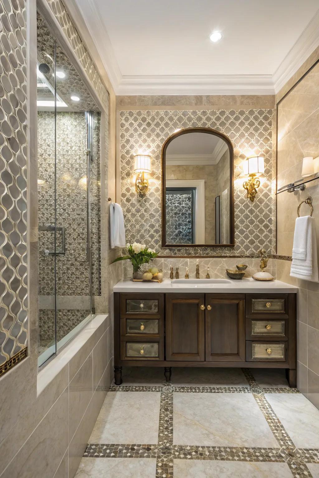 A bathroom exhibiting various textured mosaic tiles for increased dimension.