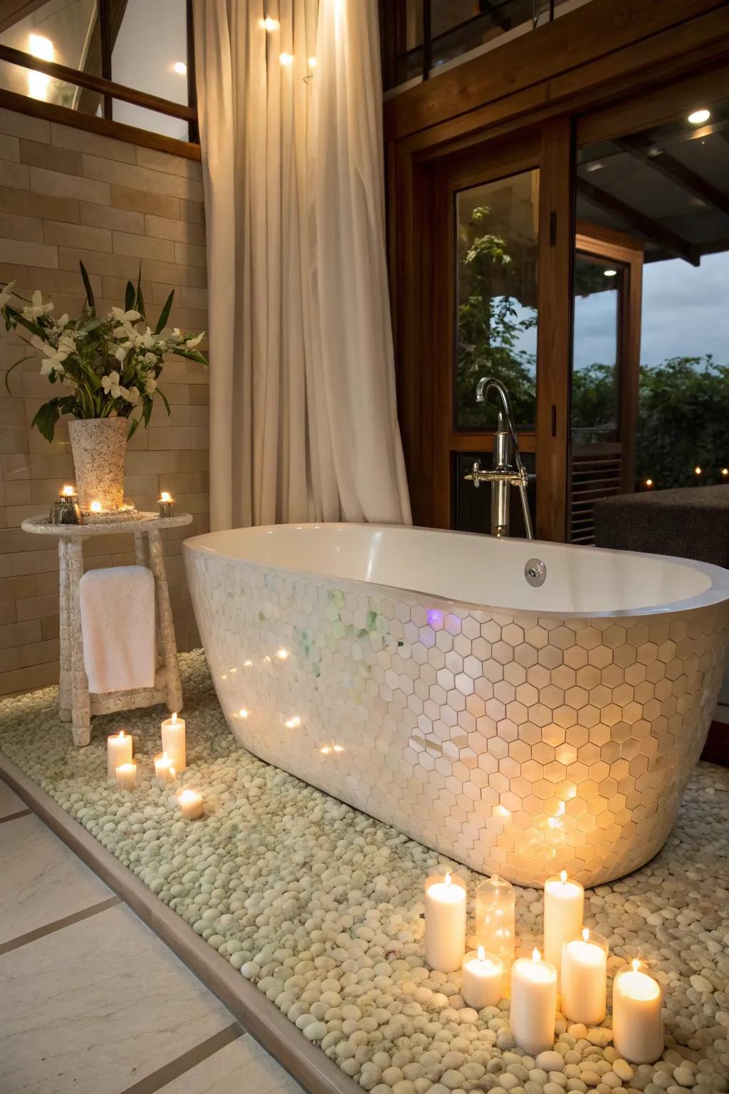 Refine your bathing experience with a mother of pearl tile enclosure.
