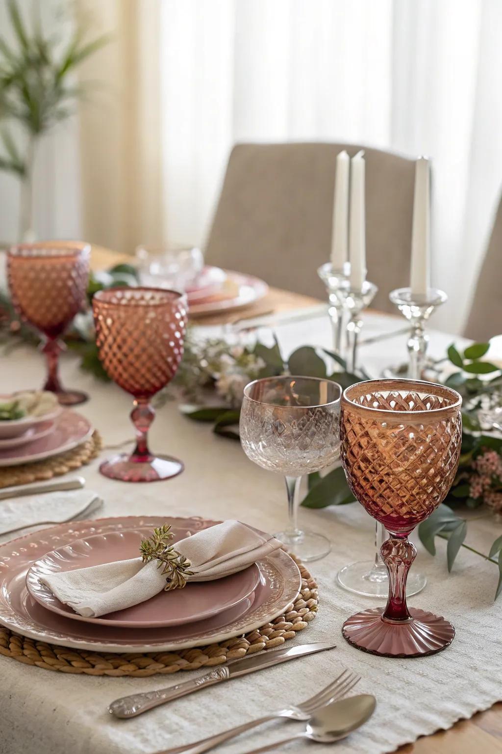 Colored glassware provides a vibrant splash of color to the table.