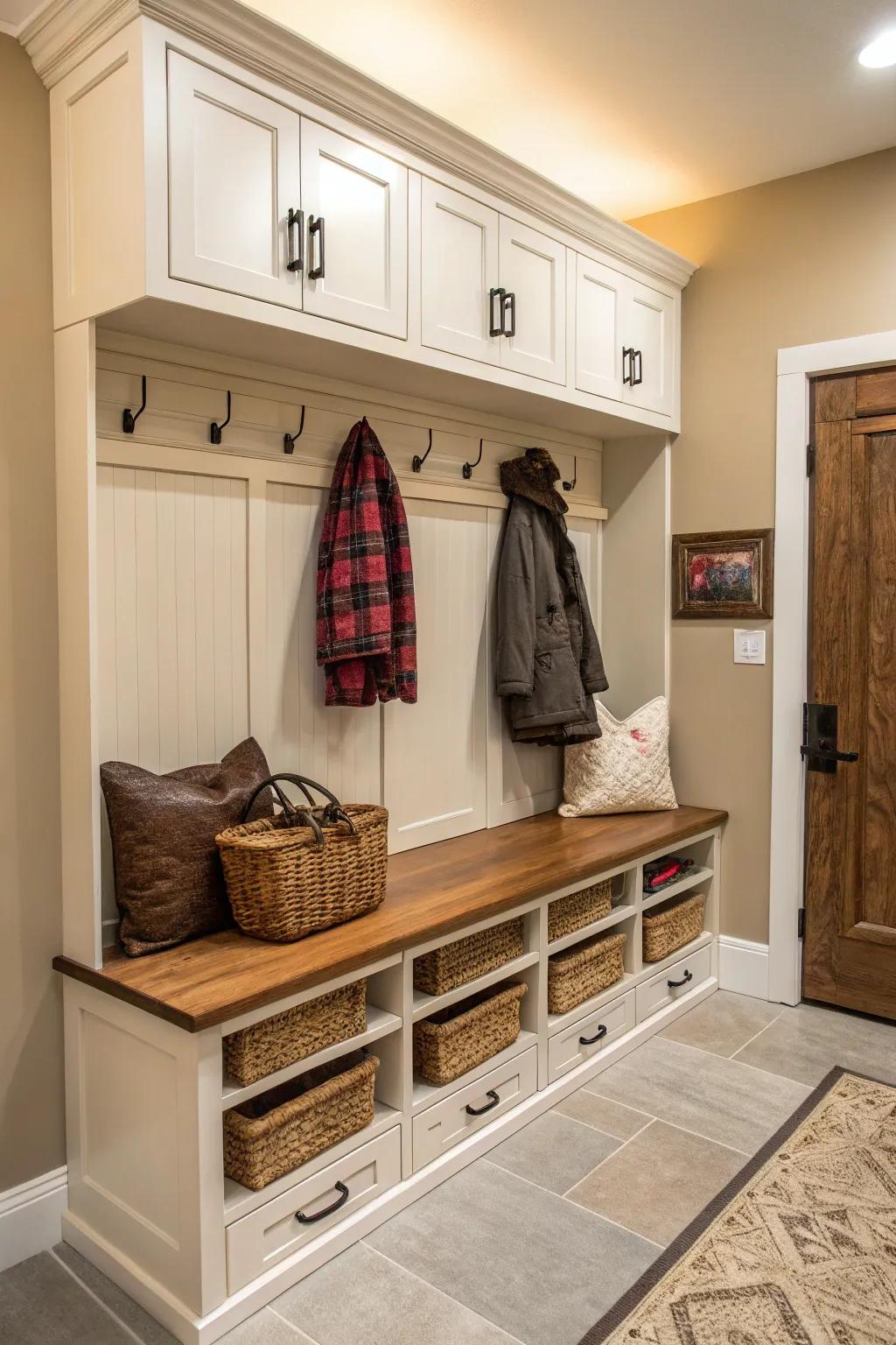 Mudroom seat featuring storage drawers underneath for footwear.