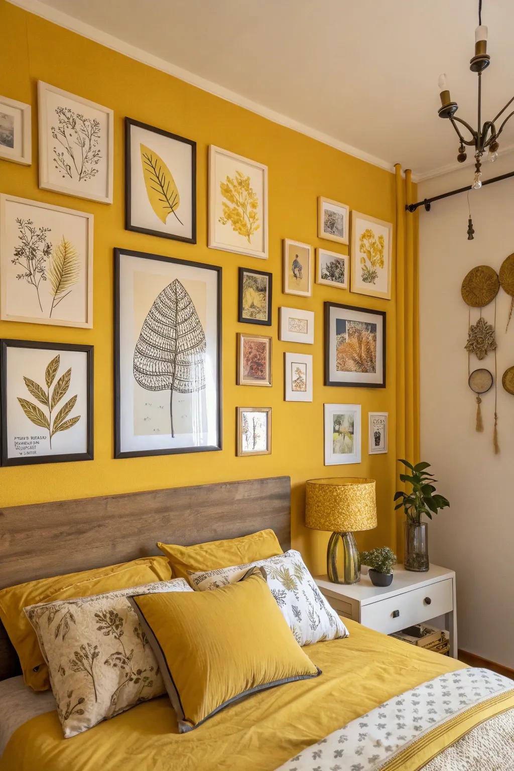 A sleeping chamber wall adorned with amber-themed artistic components.