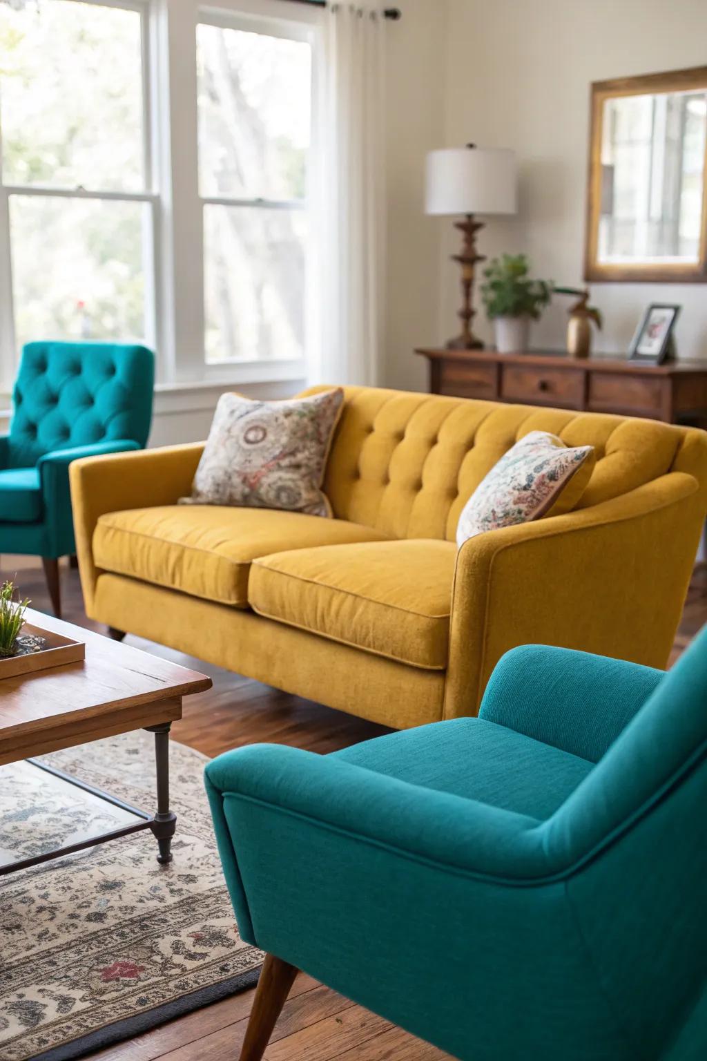 Contrasting armchairs infuse a burst of hue and intrigue.