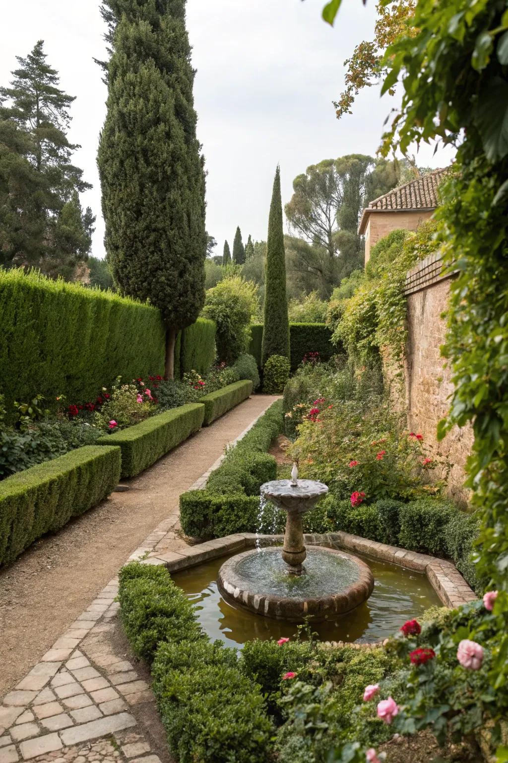A hydrological element incorporates calmness and allure to a narrow garden.