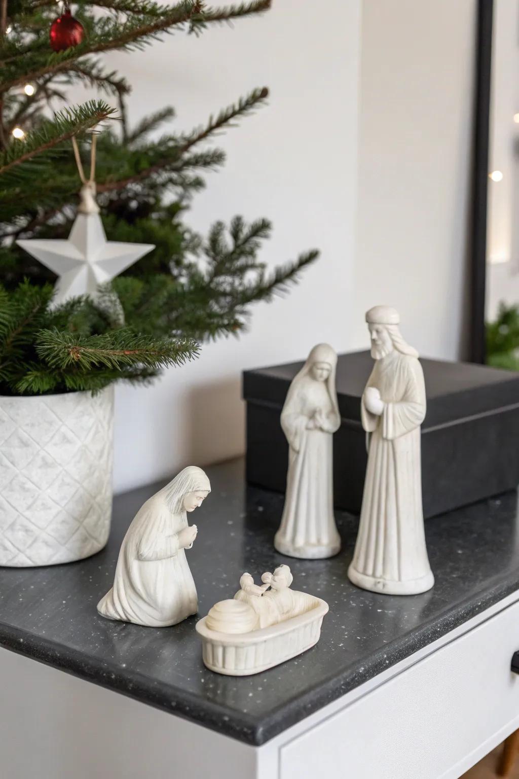 A minimalist arrangement accentuates the simplicity and elegance of the nativity.
