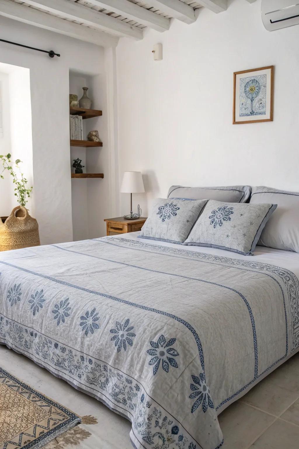 Subtle blue patterns on grey bedding add sophistication to this minimalist bedroom.