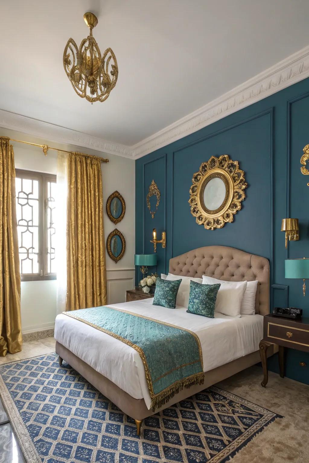Gilded accents contribute a lavish element to navy and teal decor.