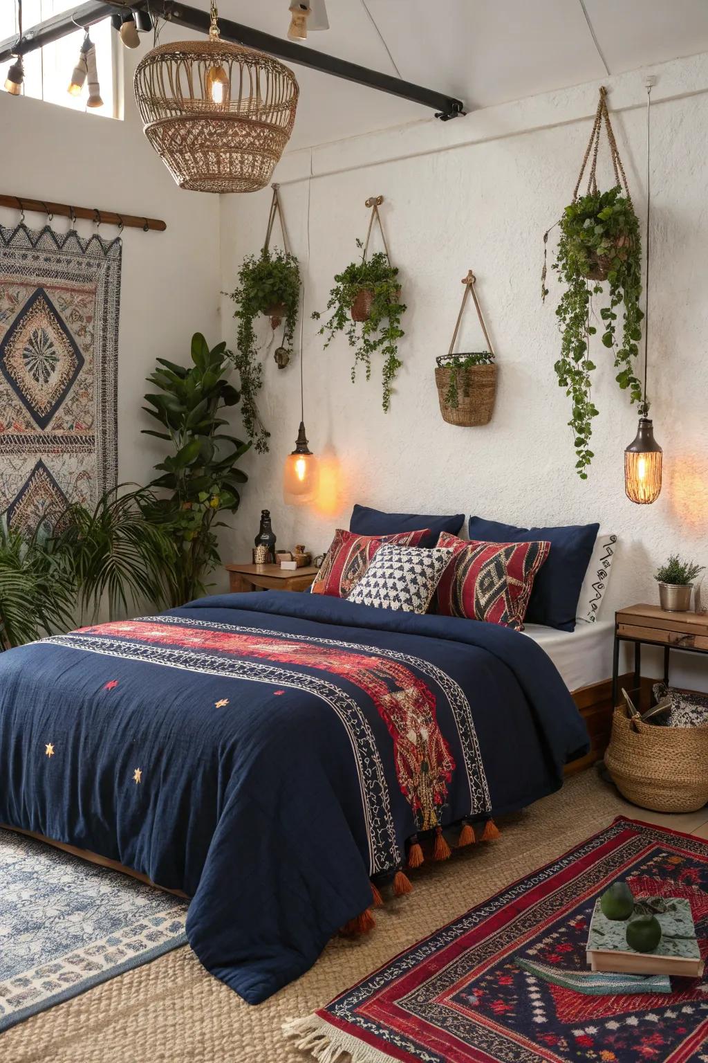 Using dark blue layers and diverse patterns, create a bohemian haven.