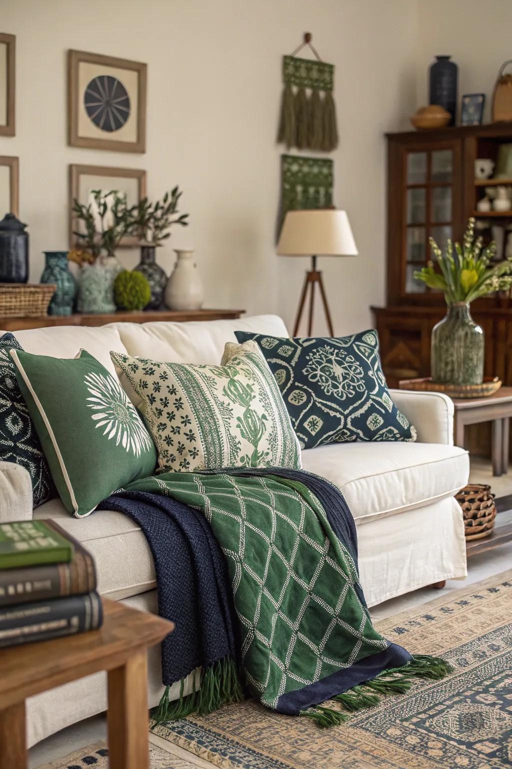 Patterned cushions breathe vitality into a abyssal and emerald palette.