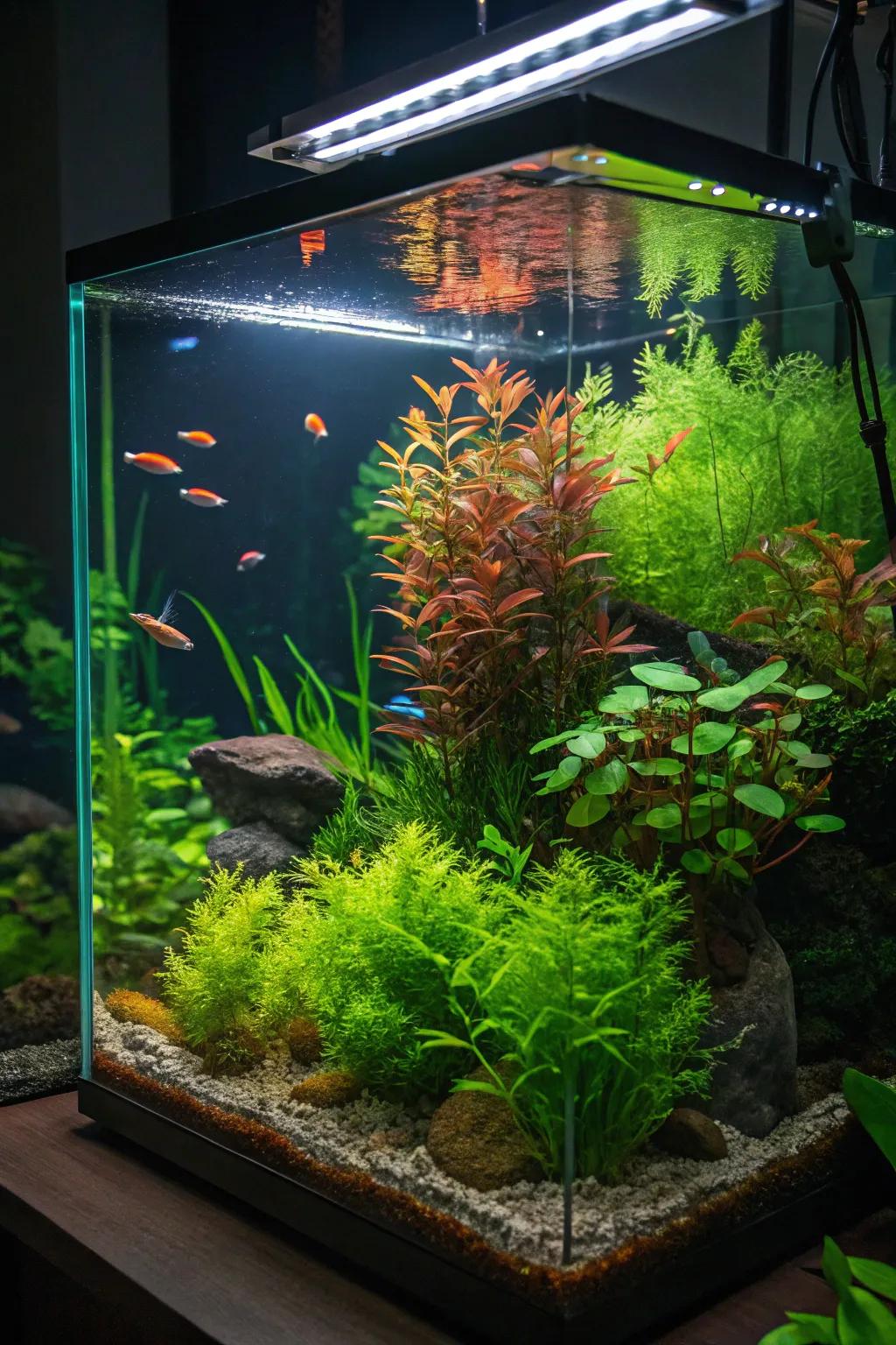 Verdant live flora infuses a natural vibrancy into this fluorescent fish sanctuary.