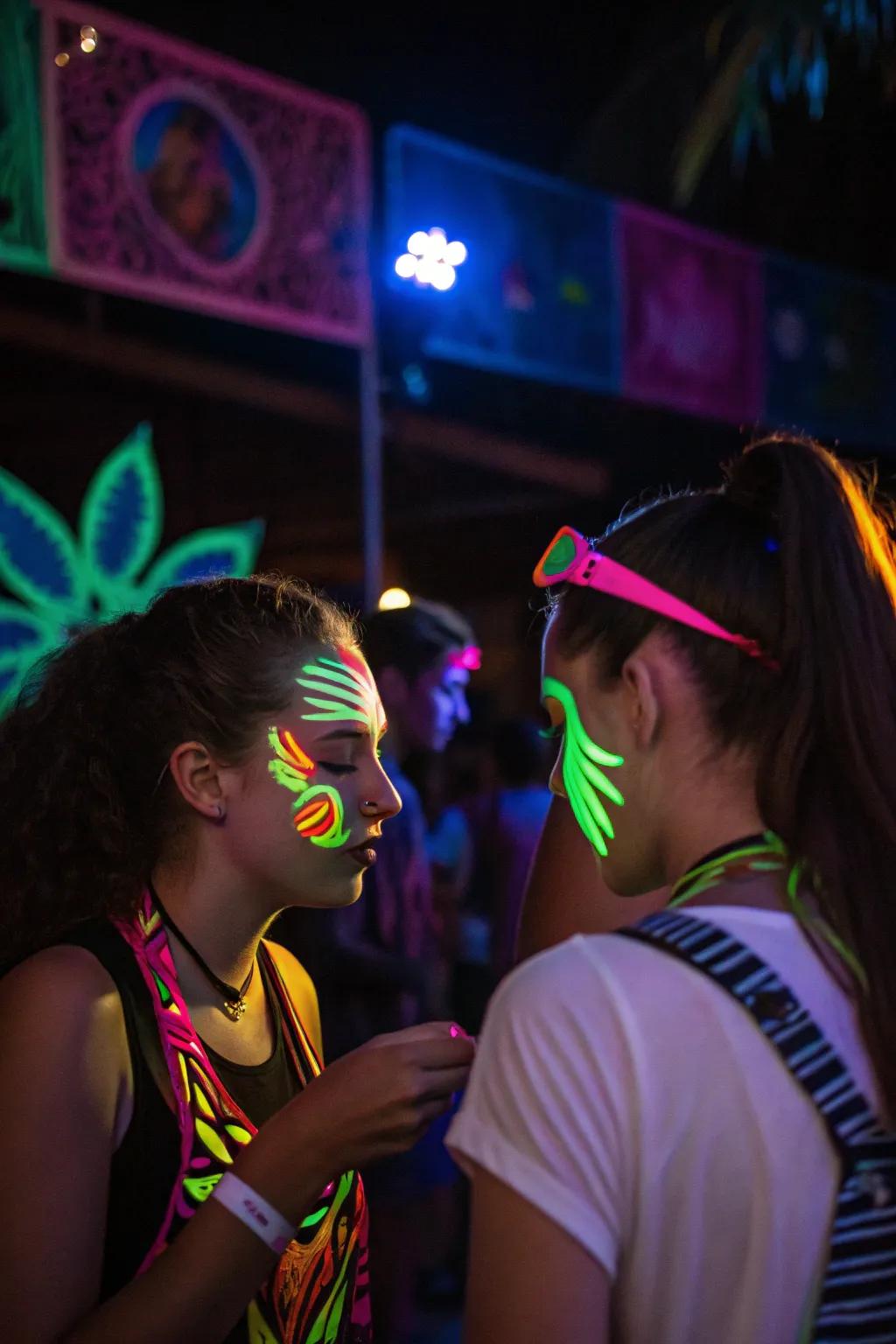 Patrons dabbing on neon face paint, conjuring radiant patterns that gleam under the ambient lights.